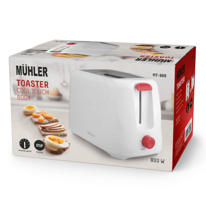 Тостер Muhler MT-969, топлоизолиран, бял, червен бутон Тостер Muhler MT-969, топлоизолиран, бял, червен бутон - Електроуреди