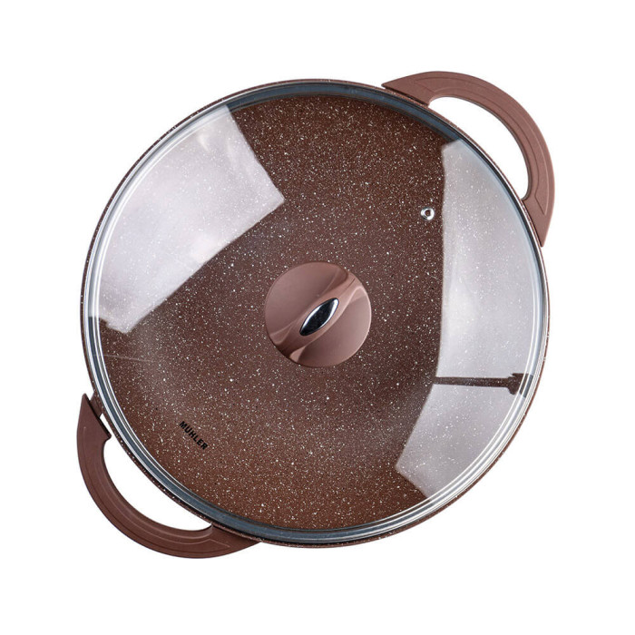 Тиган уок с капак Muhler Mia MR-3285M 32x8.5cm, 3.8L шоколад, лят алуминий Тиган уок с капак Muhler Mia MR-3285M 32x8.5cm, 3.8L шоколад, лят алуминий - Кухня