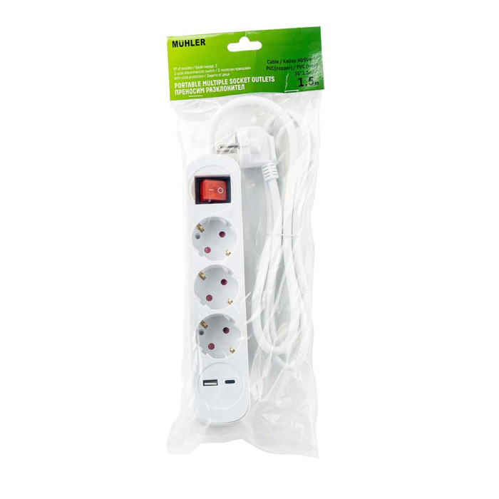 Разклонител с ключ, 3G и 2 USB A+C порта Разклонител с ключ, 3G и 2 USB A+C порта - Електроуреди