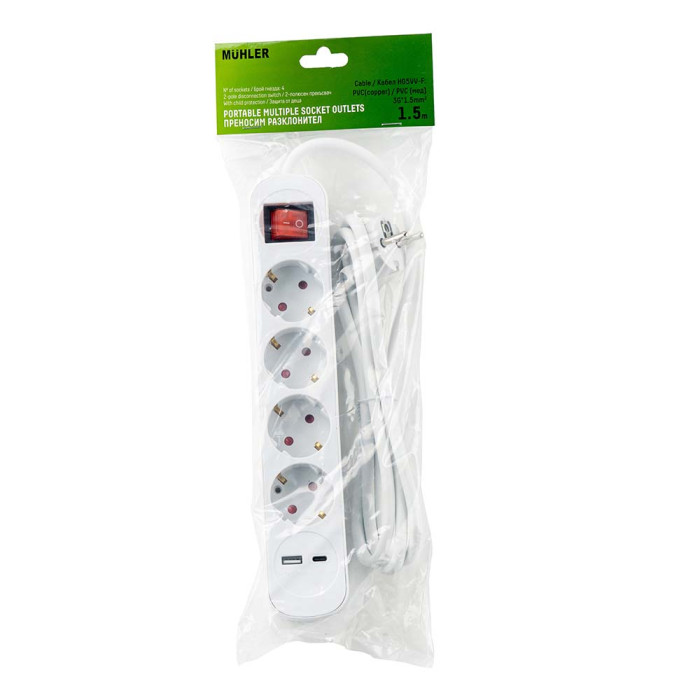 Разклонител с ключ, 4G и 2 USB A+C порта Разклонител с ключ, 4G и 2 USB A+C порта - Електроуреди